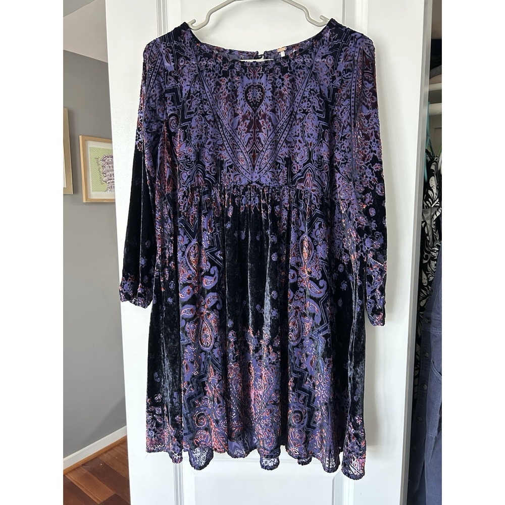 Free People Mirror Mirror Purple Velvet Burnout Mini Dress Boho Festival Size S